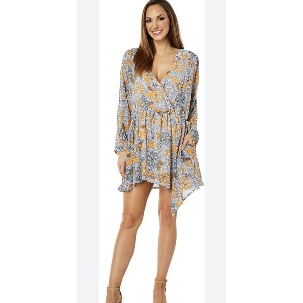 Free People Teegan Floral Long Sleeve Mini Dress Sky Combo Blue SRP $128 Sz L